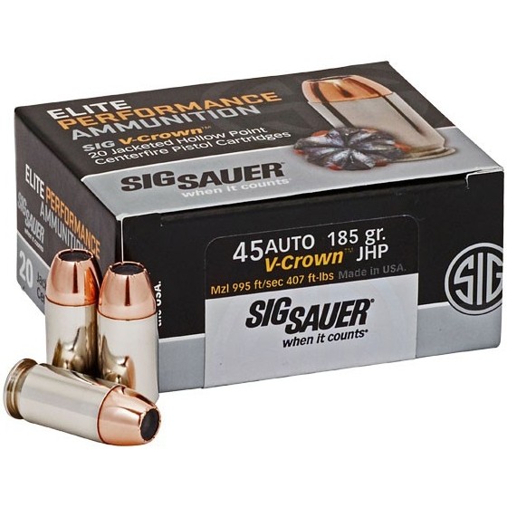 Ammunition Sig Sauer 407 ft lbs 45ACP SIG E45AP0-50            VCRWN 45   185 JHP  50/10 • Model: 407 ft lbs